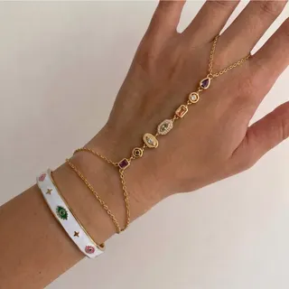 Vintage Enamel Bangle & Colored Zirconia Necklace Set - White Enamel Star Cuff Bracelet with Multi-Color CZ Beaded Pendant Chain, 18K Gold Plated Jewelry Gift Set for Women