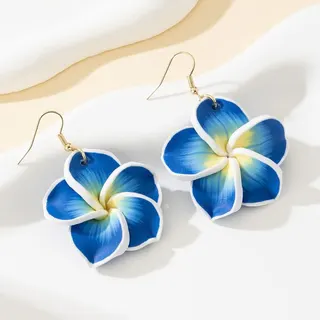 Boho Plumeria Flower Earrings - Blue Polymer Clay Dangle Earrings with Gold Alloy Hooks, Tropical Vacation Statement Earrings for Women