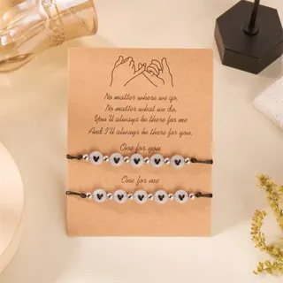 Glow-in-the-Dark Heart Beaded Bracelet Set of 2, Adjustable Resin & Cord Friendship Bracelets for Best Friends & Couples, Pink, Gift Card Packaging