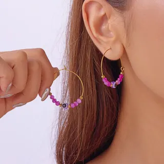 Evil Eye Purple Hoop Earrings, 18K Gold Plated Stainless Steel Beaded Half-Hoop, Bohemian Retro Evil Eye Charm Earrings for Women, 3.5cm