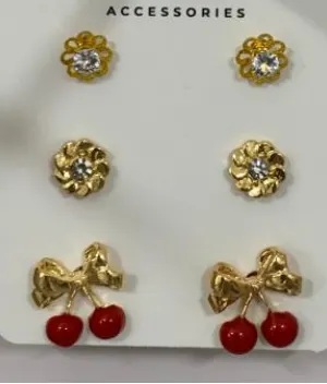 Vintage Cherry Earrings for Women, Sweet Bow Red Cherry Ear Studs, Rhinestone Flower Alloy 18K Gold Plated Earrings Set of 3 Pairs