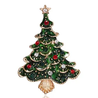Christmas Tree Brooch, Enamel & Rhinestone Holiday Pin, Gold-Plated Alloy Christmas Tree Badge with Red Green Clear Crystals, Festive Coat Sweater Brooch Gift, 4.5x3cm