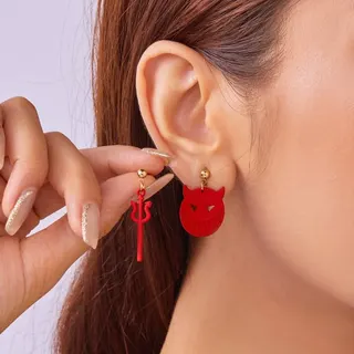 Halloween Earrings Acrylic Devil Cat & Trident Asymmetric Dangle Earrings Red Gothic Party Costume Jewelry Lightweight 2.5cm Pair