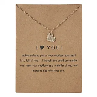 I Love You Heart Necklace, Gold Plated Alloy Pendant with Micro Paved Zircon, Adjustable Chain 44+5cm, Gift Card Included, Romantic Gift for Her