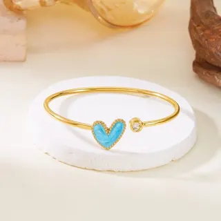 Heart Enamel Bangle Bracelet with Zircon - 18K Gold Plated Stainless Steel Open Cuff, Pearl White Beaded Edge, Adjustable Delicate Jewelry Gift for Women