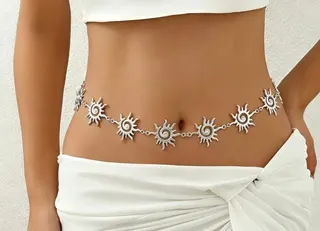 Boho Sun Waist Chain for Women - White Gold Alloy Hollow Spiral Sunburst Belly Chain, Beach Bikini Body Jewelry, Adjustable 110cm