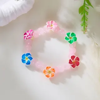 Dopamine Plumeria Flower Beaded Bracelet - Handmade Polymer Clay Tropical Flowers with Glass Beads, Blue White Fresh Summer Jewelry, 18cm