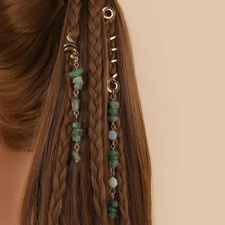 Boho Natural Stone Hair Chain Braid Wrap, Gold Alloy Beaded Tassel Hair Accessory for Braids, Deep Green Set (8.5cm + 14cm)
