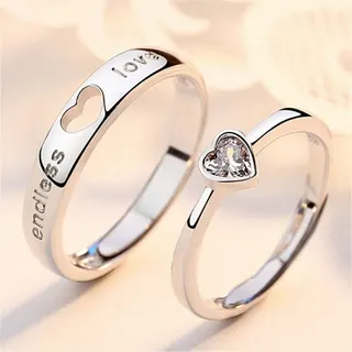 Endless Love Couple Rings Set, Adjustable Open Heart Zircon Ring for Women & Engraved Hollow Heart Ring for Men, 18K White Gold Plated Copper, Romantic Anniversary Gift