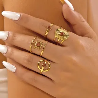 Vintage Gold Stainless Steel Ring Set for Women - Geometric Starburst & Open Circle Stackable Rings with Red Gemstone, 4-Piece Hypoallergenic Jewelry Gift
