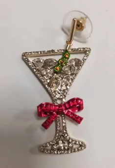 Christmas Martini Glass Ornament with Rhinestones & Red Bow, Alloy Holiday Wall Hanging Decoration with Suction Hook, Party & Window Display Accessory