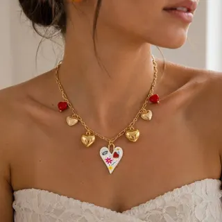 Valentine's Day Enamel Heart Charm Necklace - Vintage Hand-painted Gold Plated Alloy Clavicle Chain with Red Heart Beads, Sweet Boho Pendant Jewelry for Women