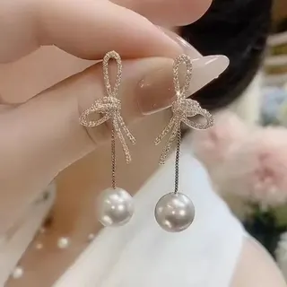 French Bow Pearl Drop Earrings - Rhinestone Butterfly Knot Dangle Earrings, Gold Tone, Sweet Elegant Jewelry for Women