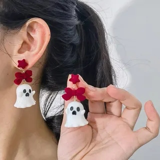 Cute Ghost Earrings with Red Velvet Bow & Star, Resin & Alloy Halloween Christmas Dangle Earrings for Women
