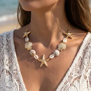 Boho Ocean Starfish Shell Necklace - Gold 18K Plated Iron & Acrylic Beaded Choker, 45+5cm Adjustable, Beach Vacation Jewelry for Women