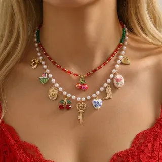 Vintage Sweet Ceramic Charm Necklace Set for Women - Cherry Heart Bow Tulip Pendant Pearl Beaded Crystal Choker, 2-Piece Layering Necklace, Red, 38+5cm