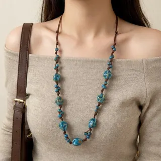 Vintage Blue Ceramic Bead Long Necklace, 78cm Waxed Cord Sweater Chain, Bohemian Statement Pendant for Sweater & Knitwear
