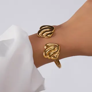 Ocean Wave Stainless Steel Bangle, 18K Gold Plated Sculptural Wristband, Hypoallergenic Mirror Polished Stackable Bracelet for Women