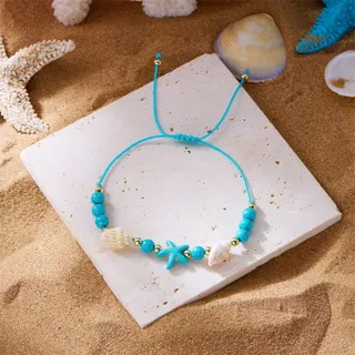 Ocean Starfish Shell Bracelet - Adjustable Drawstring Beaded Bracelet with Turquoise & Gold Accents, Boho Beach Jewelry for Women