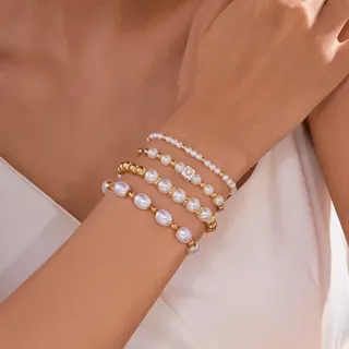Pearl Bracelet Set 4pcs - Imitation Pearl & 18K Gold Plated Alloy Beads, Square Heart Charm, Elastic 18cm Adjustable, French Chic Stacking Bracelets for Women