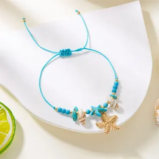 Summer Ocean Starfish Shell Beaded Bracelet for Women, Mint Green Enamel Starfish Charm, Gold-Plated Alloy + Natural Shell Beads, Adjustable 16-22cm Braided String, Beach Vacation Jewelry