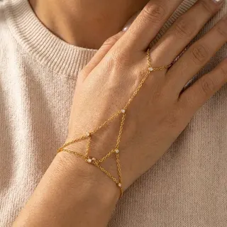 Stainless Steel Zircon Multi-Layer Finger Chain Bracelet, 18K Gold Plated Geometric Hand Chain, Hypoallergenic Minimalist Jewelry for Women, Bridmaid Gift