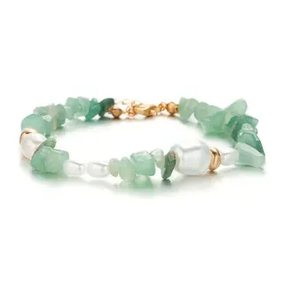 Irregular Natural Stone & Pearl Beaded Bracelet, Green Crushed Stone Baroque Pearl Boho Jewelry, Adjustable 36+5cm, Bracelet & Anklet