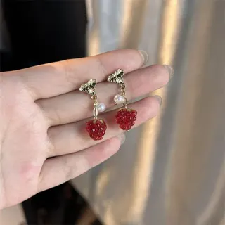 Cute Red Strawberry Raspberry Dangle Earrings, 18K Gold Plated Alloy with Glass Pearl, French Vintage Leaf Fruit Drop Earrings for Women