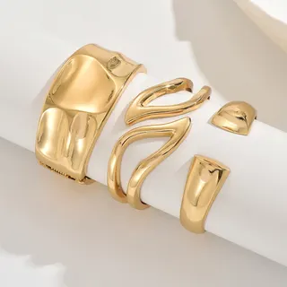 Geometric Irregular Bangle Ring Set of 3 - 18K Gold Plated Zinc Alloy, Mirror Polished Open Cuff, Minimalist Stacking Jewelry for Women