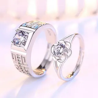Couples Ring Set 18K Gold Plated Copper, Adjustable Open Ring with Hollow Greek Key Meander & Flower Micro-Paved Zirconia, Engagement Wedding Promise Ring Pair for Him and Her