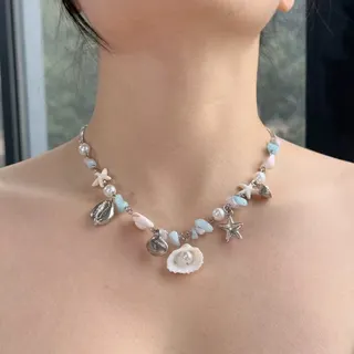 Candy Color Shell Beaded Necklace - Alloy Electroplated Flower Pearl Strand Choker with Scallop Shell Pendant, 45+5cm Adjustable, Sweet French Vacation Jewelry for Women