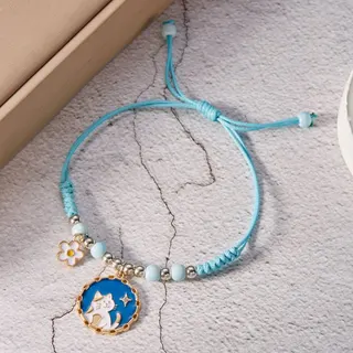 Cute Cat & Flower Beaded Bracelet, Adjustable Blue Woven Cord with Enamel Charm, 14-29cm, Kawaii Girl Jewelry Gift