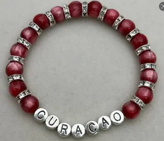 CURACAO Letter Bead Bracelet, Red 8mm Stone Beads with Rhinestone Silver Spacers, Custom Name/Place Elastic Bracelet for Women