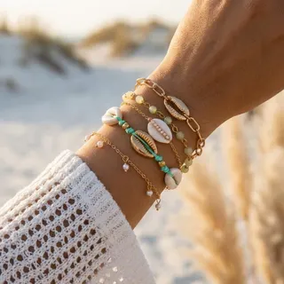 Boho Shell Pearl Bracelet Set of 5 - Beach Vacation Layered Bracelets with Gold Chain, Cowrie Shell & Green Beads, Summer Jewelry Gift for Women