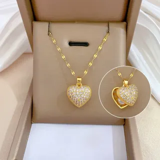 Gold Heart Necklace for Women - 18K Gold Plated Stainless Steel Clavicle Chain with Micro-Paved Zircon & Hidden Pearl Clasp Pendant, Adjustable 40+5cm, Gift for Her
