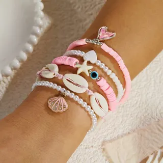 Boho Beach Shell Starfish Heart Pearl Bracelet Set of 5, Pink Macaron Beaded Braided Rope with Rhinestone Charm, Stackable Ocean Style Jewelry for Women, 18cm