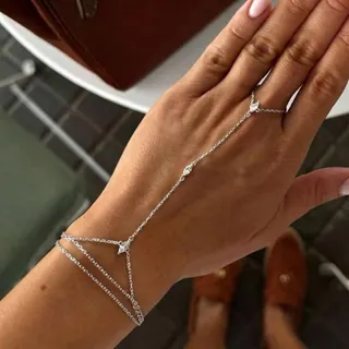 Silver Rhinestone Multi-Layer Finger Chain Bracelet, Copper Base with Anti-Tarnish Plating, Geometric Wrap Hand Chain for Women, Minimalist Luxury Jewelry
