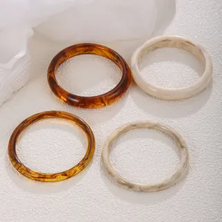 Marble Pattern Vintage Bangle Bracelet Set - Resin Stone-look Wide Cuff, Amber Brown & Cream White, 6.4cm Inner Diameter, French Retro Stackable Jewelry for Women