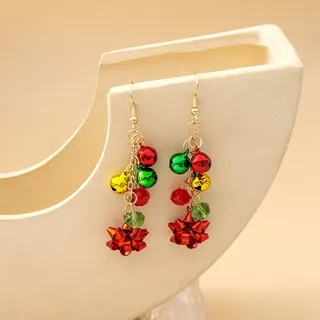 Christmas Earrings for Women, Red Green Gold Bell & Bow Dangle Hoop Earrings, Alloy 18K Gold Plated Holiday Party Jewelry Gift