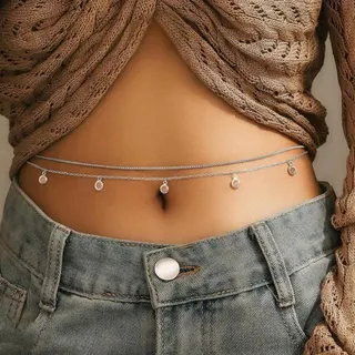 Double Layer Crystal Tassel Body Chain, Silver Alloy Belly Button Chain with Rhinestone Charms, 85cm Adjustable Waist Chain for Women, Boho Vacation Y2K Accessory