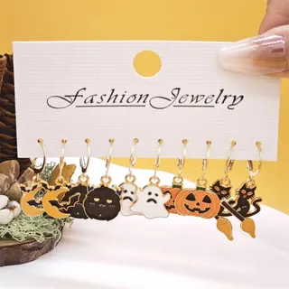 Halloween Earrings Set 5 Pairs Cute Cartoon Black Cat Pumpkin Ghost Bat Dangle Earrings Gold Alloy Enamel Party Jewelry for Women Girls Kids