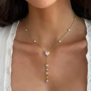 Gold Heart Y-Shape Lariat Necklace, Stainless Steel with Zirconia Pave Round & Heart Stones, Adjustable 40+5cm Delicate Clavicle Chain for Women