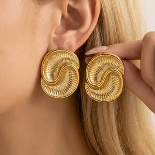 Vintage Spiral Geometric Earrings for Women, 18K Gold Plated Stainless Steel, Radiant Brushed Texture, Hypoallergenic Statement Hoop Earrings, Face-Slimming Retro Jewelry