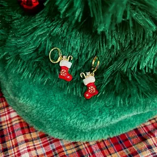 Christmas Stocking Earrings, Red Holiday Sock Dangle Hoop Earrings, 18K Gold Plated Alloy with Rhinestone, Cute Festive Jewelry Gift, 1 Pair
