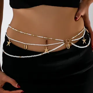 Ocean Vacation Multi-Layer Rice Bead Shell Starfish Waist Chain, White Alloy Adjustable Body Chain for Swimsuit & Beach Dress, 72+30cm Boho Women's Accessory