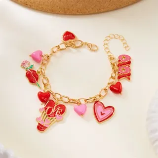 Valentine's Day Heart Rose Charm Bracelet for Women, Multi-Bezel Enamel LOVE Balloon Chain, 18K Gold Plated Alloy, Pink Sweet Gift for Her, 17+5cm