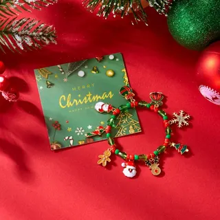 Christmas Beaded Bracelet with Snowflake Snowman Reindeer Tree Bell Charms, Red Green Crystal Beads, Holiday Gift Jewelry for Women
