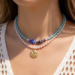 Boho Beach Necklace Set - Ocean Fish & Shell Ceramic Bead + Pearl Rice Bead Layered Necklace, 18K Gold Plated Alloy, 36+5cm Adjustable, Summer Vacation Jewelry for Women