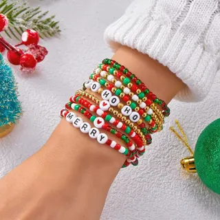 Christmas Beaded Bracelet Set of 9, Red White Green Crystal Rice Beads, HO HO HO MERRY Letter Charm Bracelets, Holiday Gift for Women Girls, 18cm Stackable