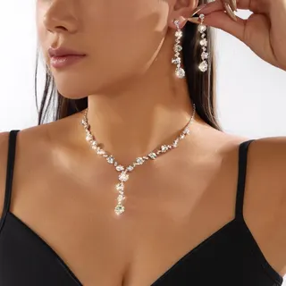 Luxury Rhinestone Tassel Necklace & Earring Set, Silver-White Copper Plated Micro-Pavé Crystal Drop Jewelry, Wedding Party Bridal Accessories for Women